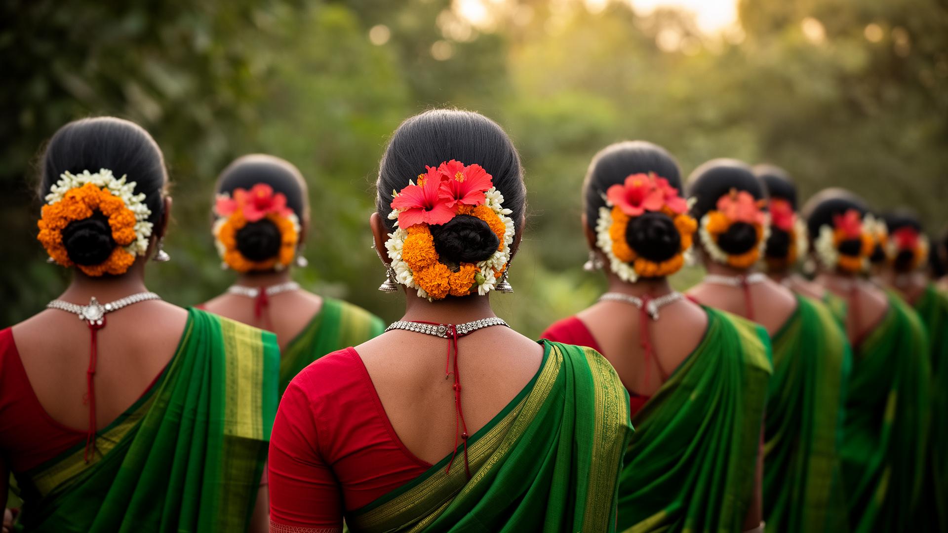 Chhattisgarhi women in traditional green sarees with floral hair decoration